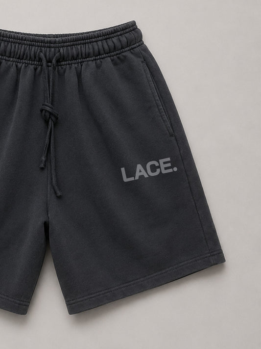 Logo Sweat Shorts Dark Grey, Detail LACE. Logo und Kordelzug, Lace Clothing #dark-grey
