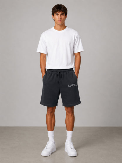 Logo Sweat Shorts Dark Grey am Model, Vorderansicht, Lace Clothing #dark-grey