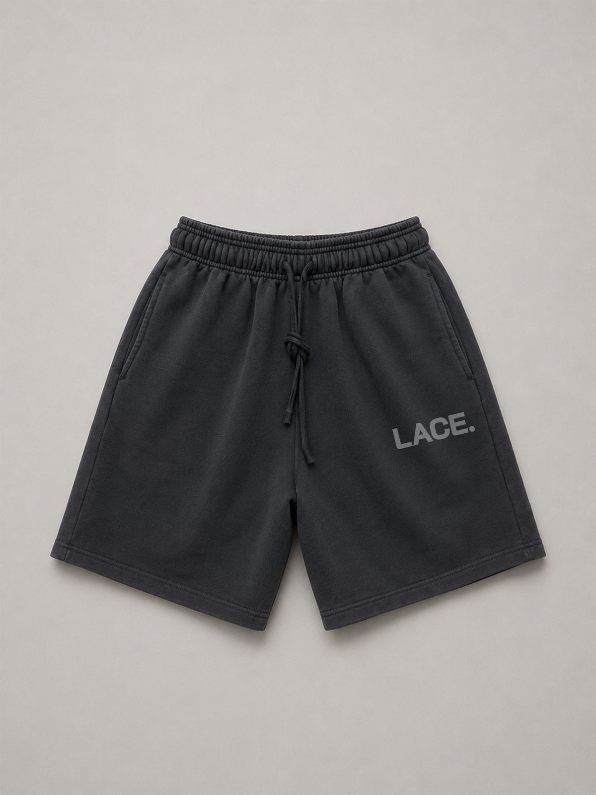 Logo Sweat Shorts Dark Grey, Vorderseite flach mit LACE. Logo, Lace Clothing #dark-grey