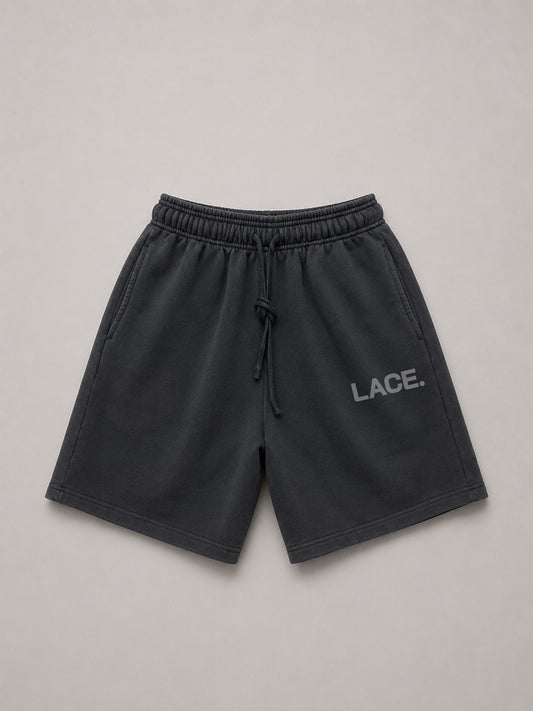 Logo Sweat Shorts Dark Grey, Vorderseite flach mit LACE. Logo, Lace Clothing #dark-grey