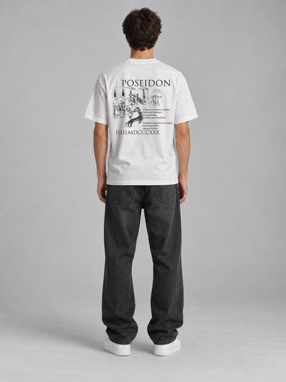 Poseidon Tee Weiss am Model, Rückansicht mit Poseidon Backprint, Lace Clothing #weiss
