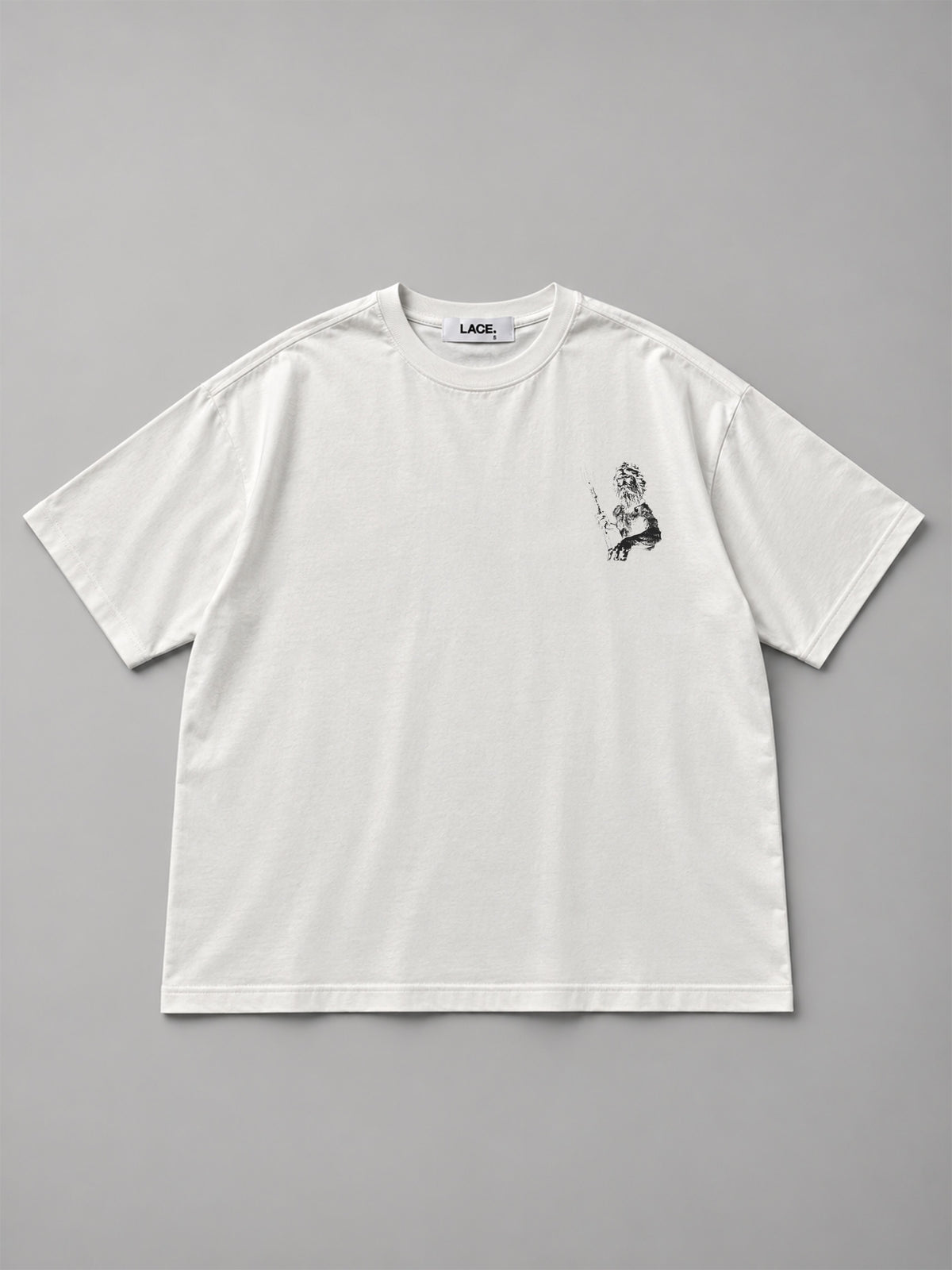Poseidon Tee Weiss, Vorderseite flach mit kleinem Print, Lace Clothing #weiss